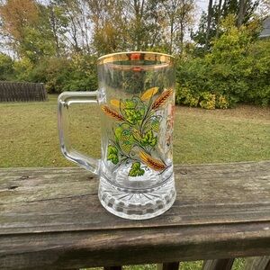 Glass Beer Mug with Gold Rim and Leaf Design